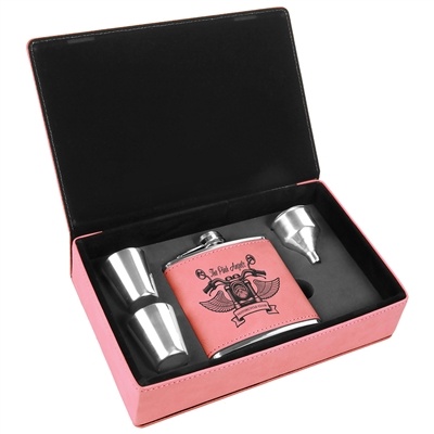 Stainless Steel Pink Leatherette Flask Gift Set | Custom Laser Engraving Available