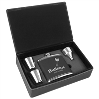 Black/Silver Leatherette Flask Gift Set- Personalized Stainless Steel 6oz Flask
