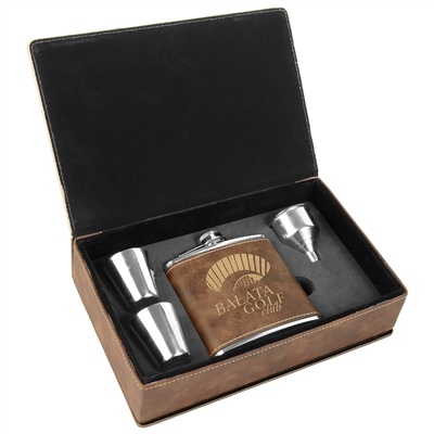 Stainless Steel Leatherette Flask Gift Set | Rustic/Gold | Custom Laser Engraving