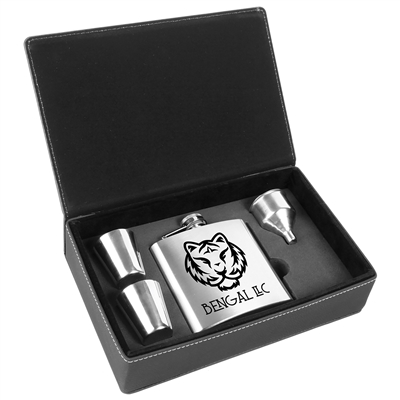 Stainless Steel Flask Gift Set with Leatherette Box | 6oz | Custom Engraving Available