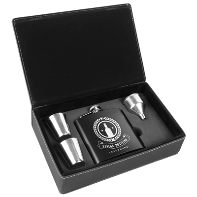Black Stainless Steel Flask Gift Set w/ Leatherette Box | 6oz | Custom Laser Engraving Available