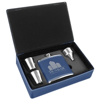 Stainless Steel Leatherette Flask Gift Set | Blue/Silver | Custom Engraving Available