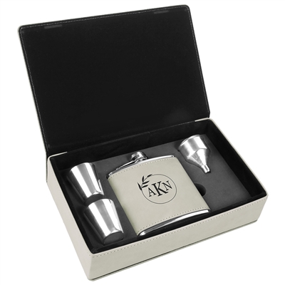 Stainless Steel Leatherette Flask Gift Set | White | Custom Laser Engraving Available