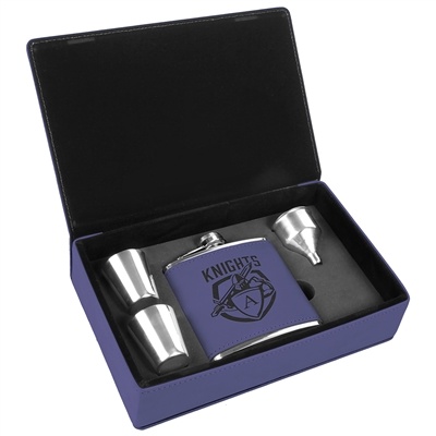 Stainless Steel Leatherette Flask Gift Set | Purple | Custom Laser Engraving Available