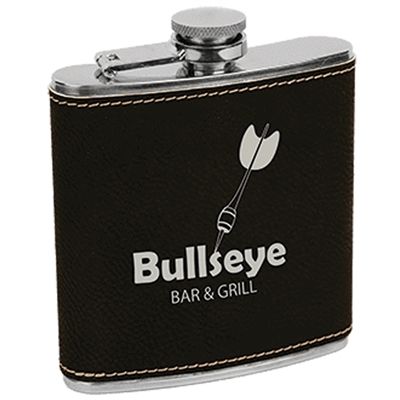 Personalized Black/Silver Leatherette Stainless Steel Flask - 6oz