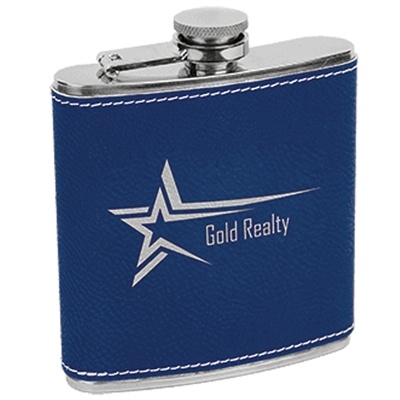 Personalized Leatherette Stainless Steel Flask | Blue/Silver 6oz Custom Flask