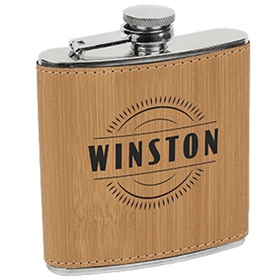 Leatherette Stainless Steel Flask | Bamboo | Custom Engraved Promotional Gift
