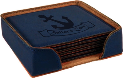 Custom Engraved Blue Square Coaster Set
