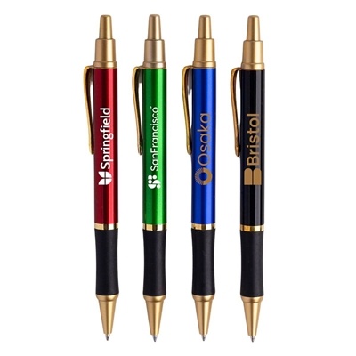 Sleeker Solid Color Click Pen with Gold Clip & Comfortable Rubber Grip