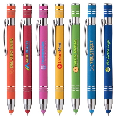 Marin Softy Pen | Premium Full Color Promotional Pen with Stylus,  Soft-Touch Rubberized Finish & Chrome Rings