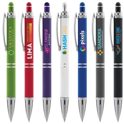 Phoenix Softy Metal Click-Action Pen | Full-Color Customizable, Rubber Grip with Stylus & Chrome Accents
