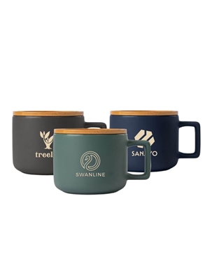 Cafe Virtuoso Ceramic Mug with Bamboo Lid | 12oz Laser Engraved