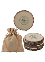 Custom Poplar Wood Coaster Set | Rustic Logo Coasters in Burlap Bag