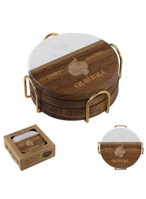 Acacia Wood Marble Coaster with Logo | Premium Custom Coasters