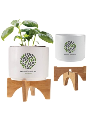 Ceramic Planter Set | Modern Indoor Garden with Bamboo Stand