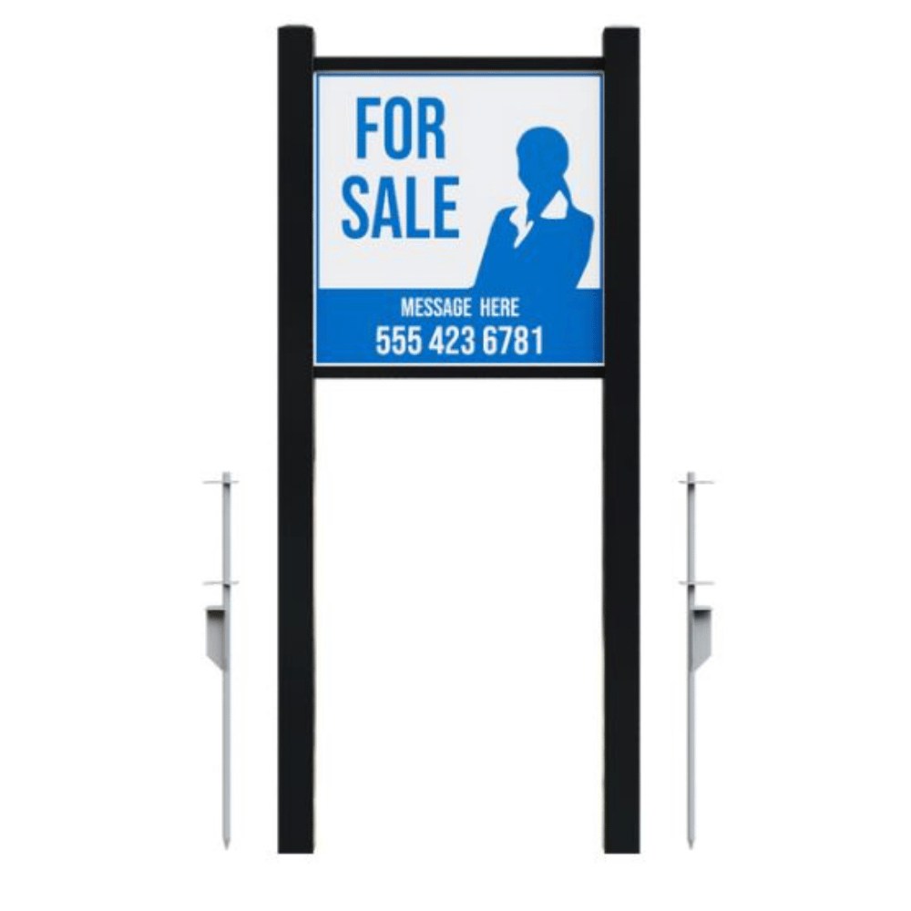 Adjustable aluminum real estate sign frame with stake system and slotted rails