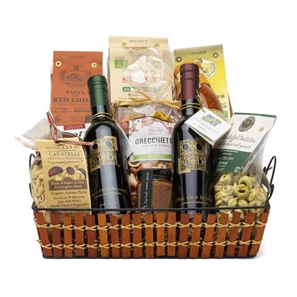 Savory Gourmet gift basket loaded with exotic gourmet treats and Italian olive oils and premium balsamic from Olive Oil and Beyond