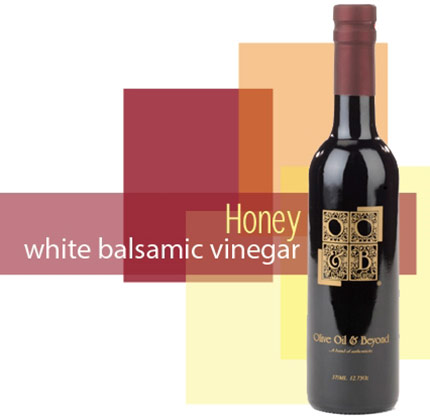 Bottle of Honey White Balsamic imported from Modena, Italy.