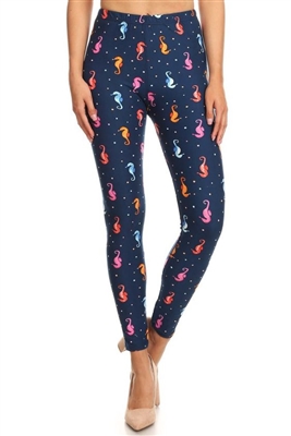 Seahorse Print Soft Leggings Navy - S/M