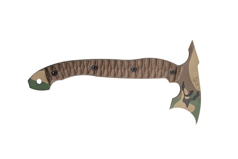 HALF FACE BLADES CRESCENT HAWK HATCHET - BROWN CANVAS MICARTA, M81 WOODLAND CAMO