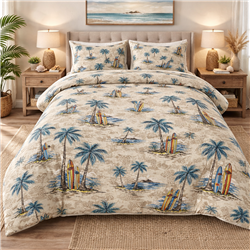 Woody car quilt with vintage surf wagons and Hawaiian hibiscus design on bed