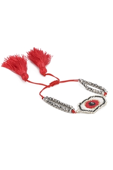 Evil Eye Seed Bead Tassel Braided Bracelet B3311 - Red