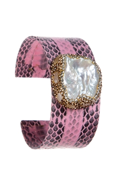 Freshwater Pearl Leather Cuff Bracelet B3430 - Pink