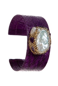 Freshwater Pearl Leather Cuff Bracelet B3430 - Purple