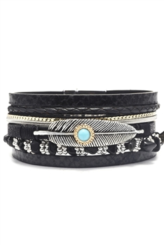 Feather Turquoise Leather Magnetic Bracelets B3779 - Black