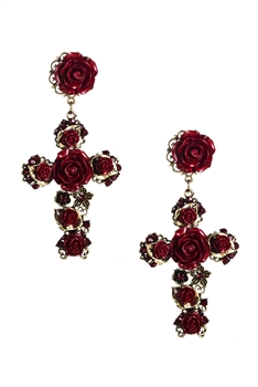 Rose Flower Cross Earrings E3086 - Red