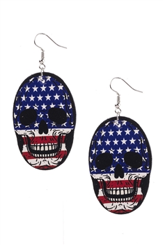 American Flag Skull Leather Earrings E4946 - Blue