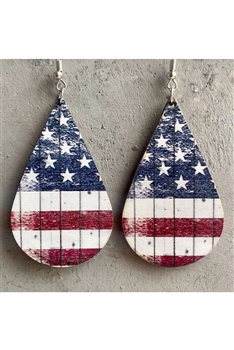 Teardrop American Flag Printed Wooden Earrings E5930