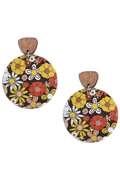 Circle Floral Printed Wooden Earrings E6847