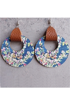 Hollow Circle Floral Printed Wooden Earrings E6848