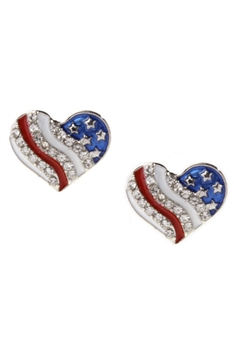 American Flag Heart Rhinestone Stud Earrings E7139