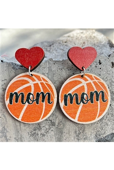 Basketball Heart Mom Wooden Earrings E7594