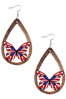 Butterfly Teardrop American Flag Wooden Earrings E7633
