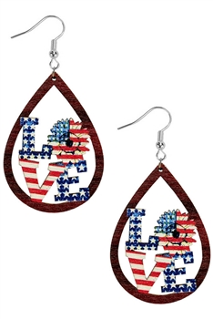 LOVE Teardrop American Flag Wooden Earrings E7634