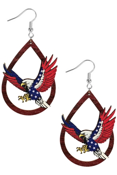 Eagle Teardrop American Flag Wooden Earrings E7635