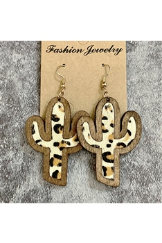 Animal Printed Cactus Leather Wooden Earrings E7647