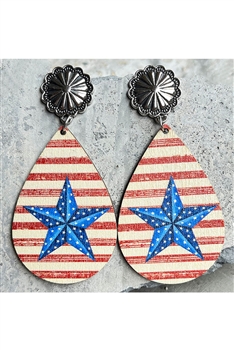 Teardrop  Star American Flag Wooden Earrings E7771