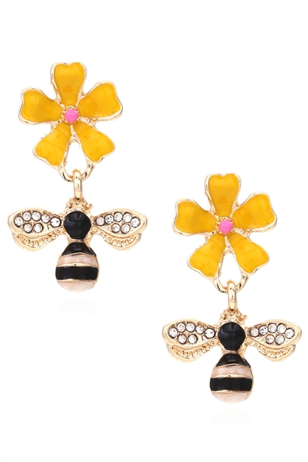 Flower Bee Rhinestone Earrings E7881