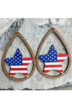 Star Teardrop American Flag Wooden Earrings E7904