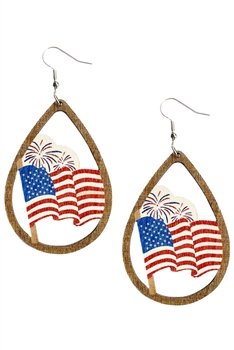Teardrop American Flag Wooden Earrings E7905