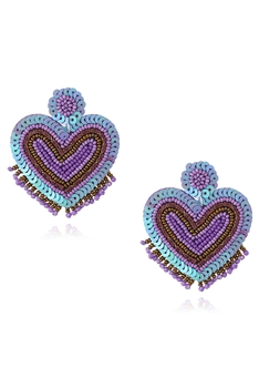 Heart Seed Bead Earrings E8215 - Purple