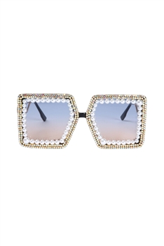 Handmade Rhinestone Pearl Sunglasses G0151 - BLACK-BLUE