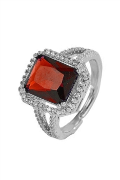 Square Cubic Zirconia Rings R2495 - Silver-Red