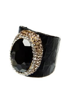 Glass Rhinestone Leather Rings R2576 - Black