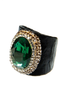 Glass Rhinestone Leather Rings R2576 - Green