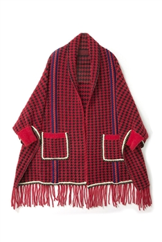 Houndstooth Imitation Mink Poncho S0093 - Red